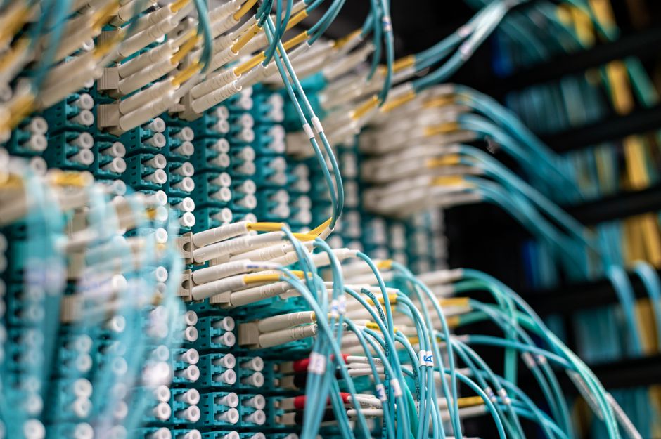 Network patch cables plugged into a patch panel in a server room