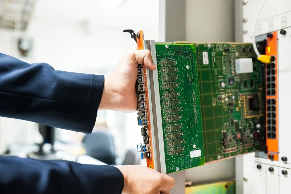 A network engineer configures a Cisco router on a workbench during CCNA exam preparation.